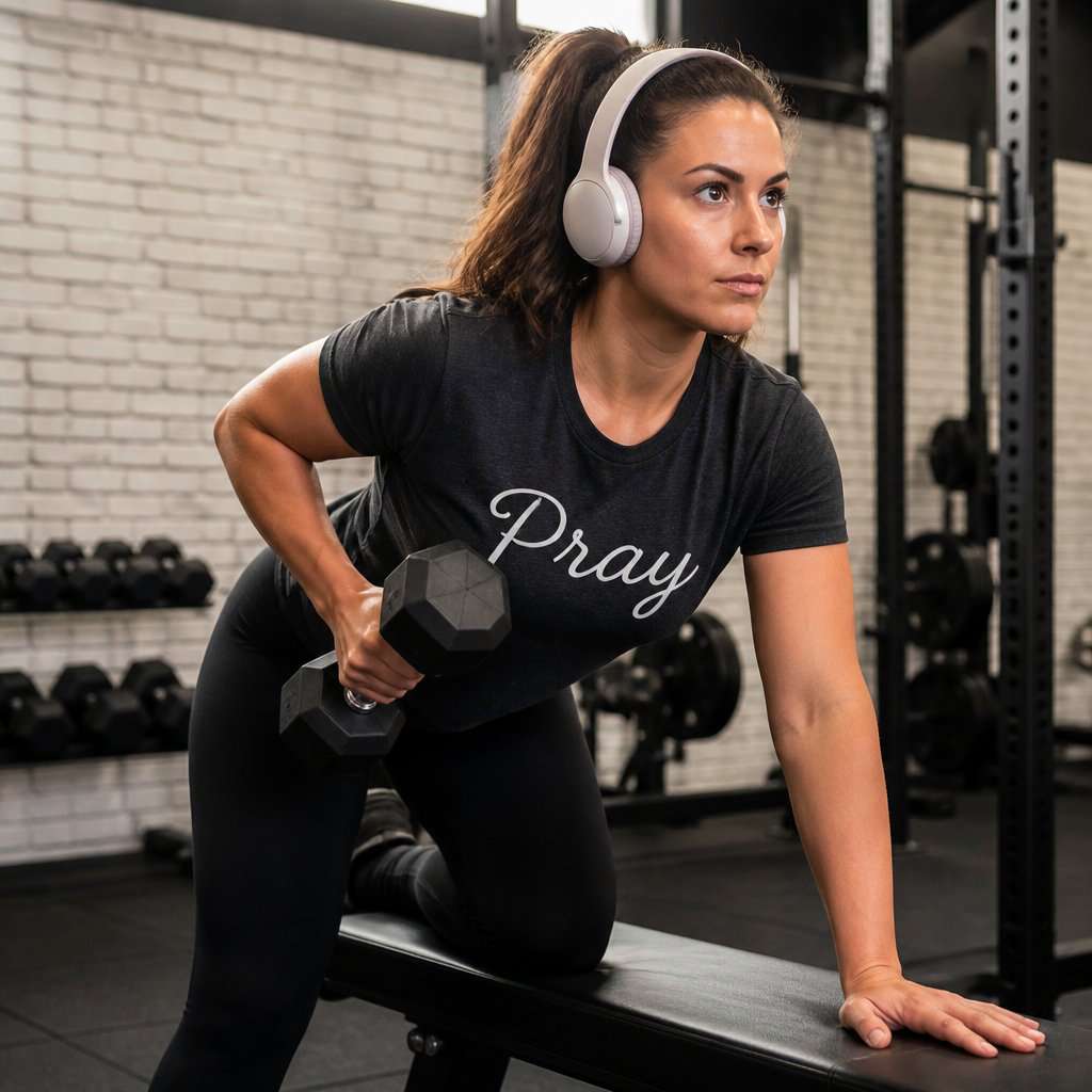 A Christian woman lifting weights in a gym while listening to music