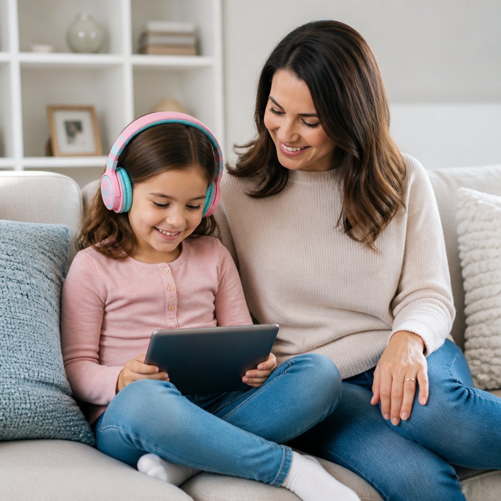 A kid listening to music on headphones while looking at a tablet, with her mother looking on beside her