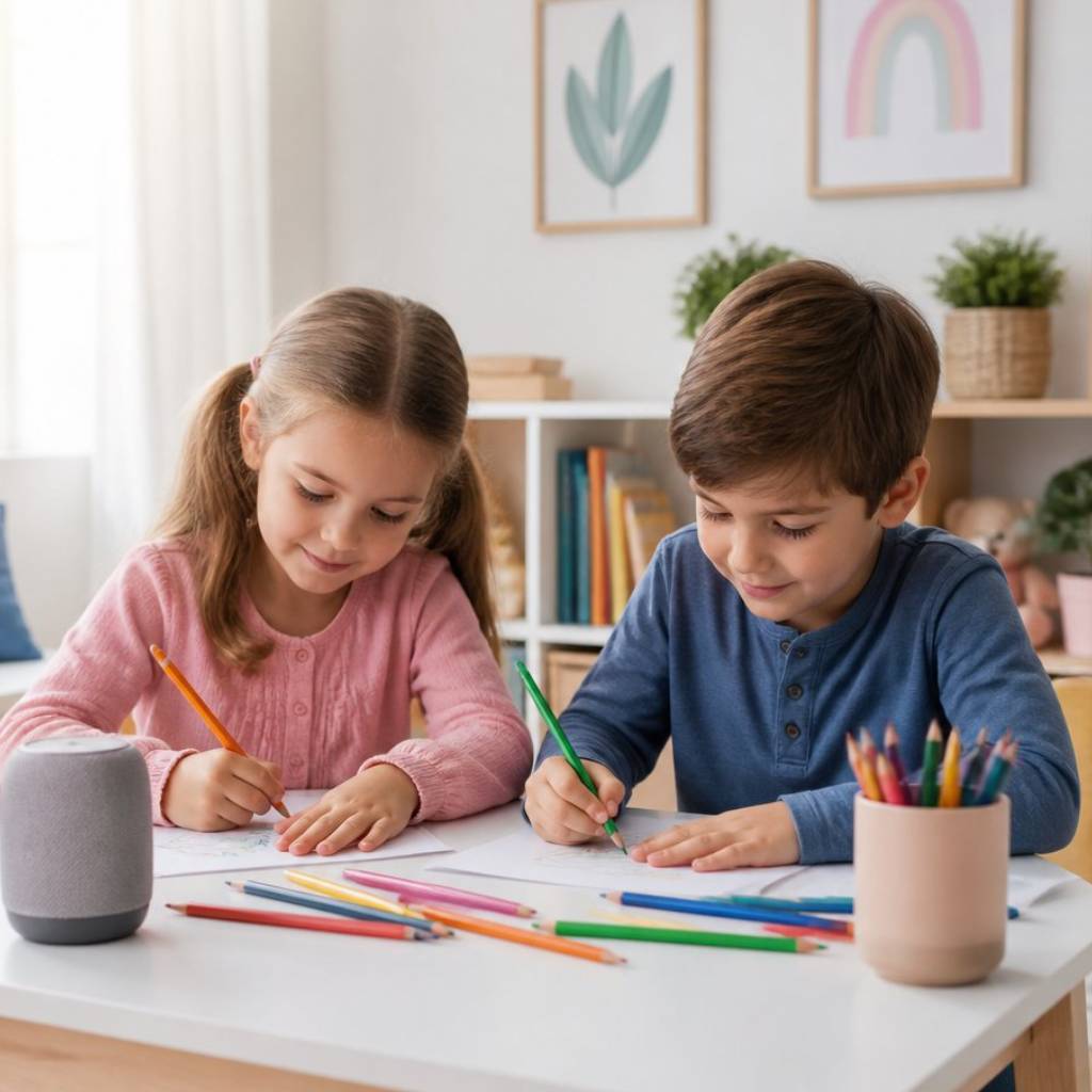 Two siblings drawing together in a kids' room while music plays from a portable speaker