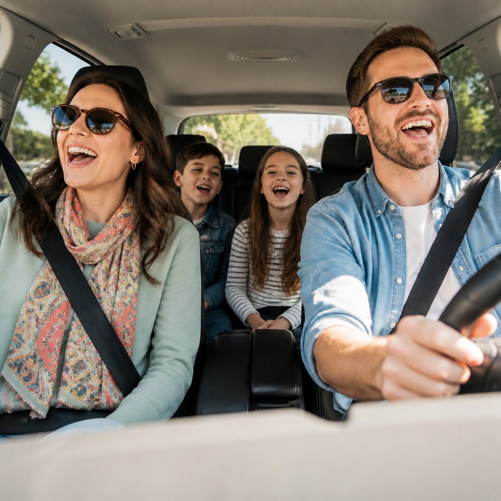 Family singing to music in the car