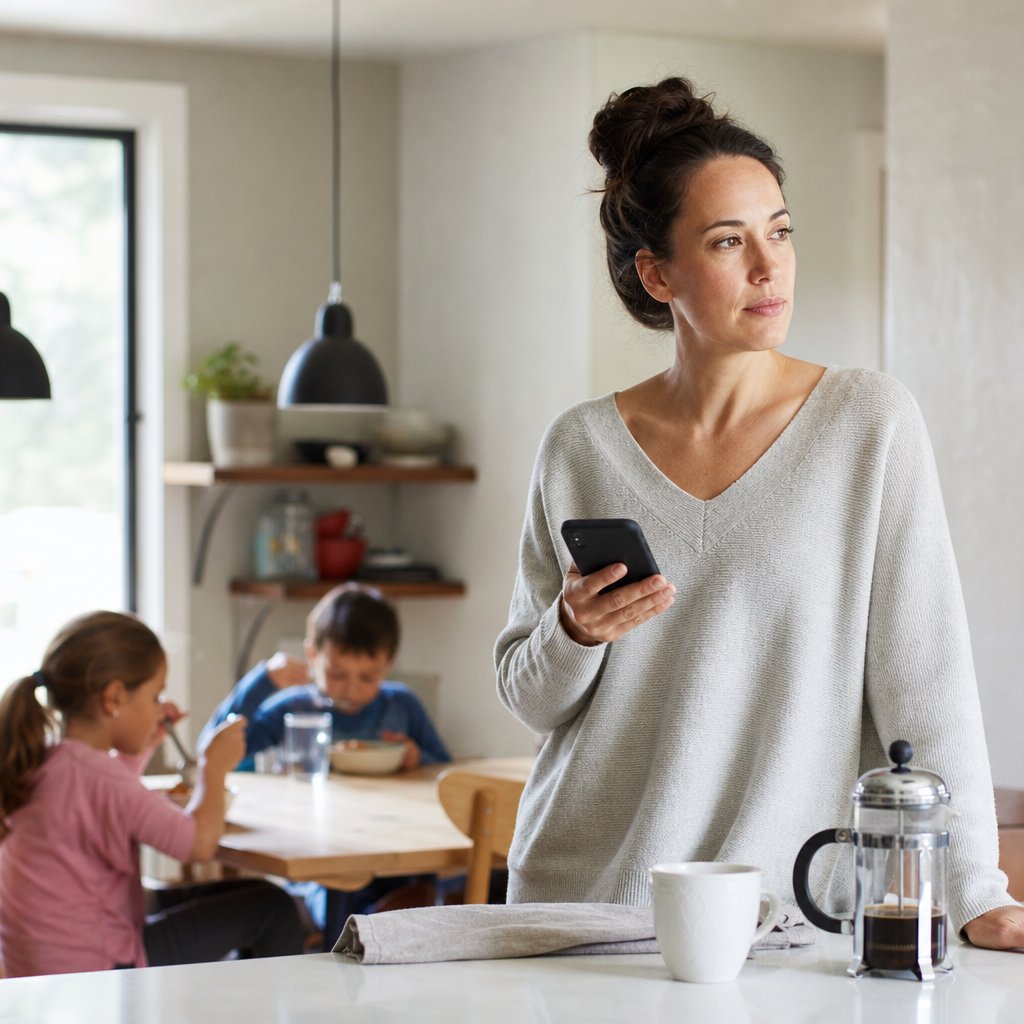 Mom comparing music apps in a sunlit kitchen while kids eat breakfast
