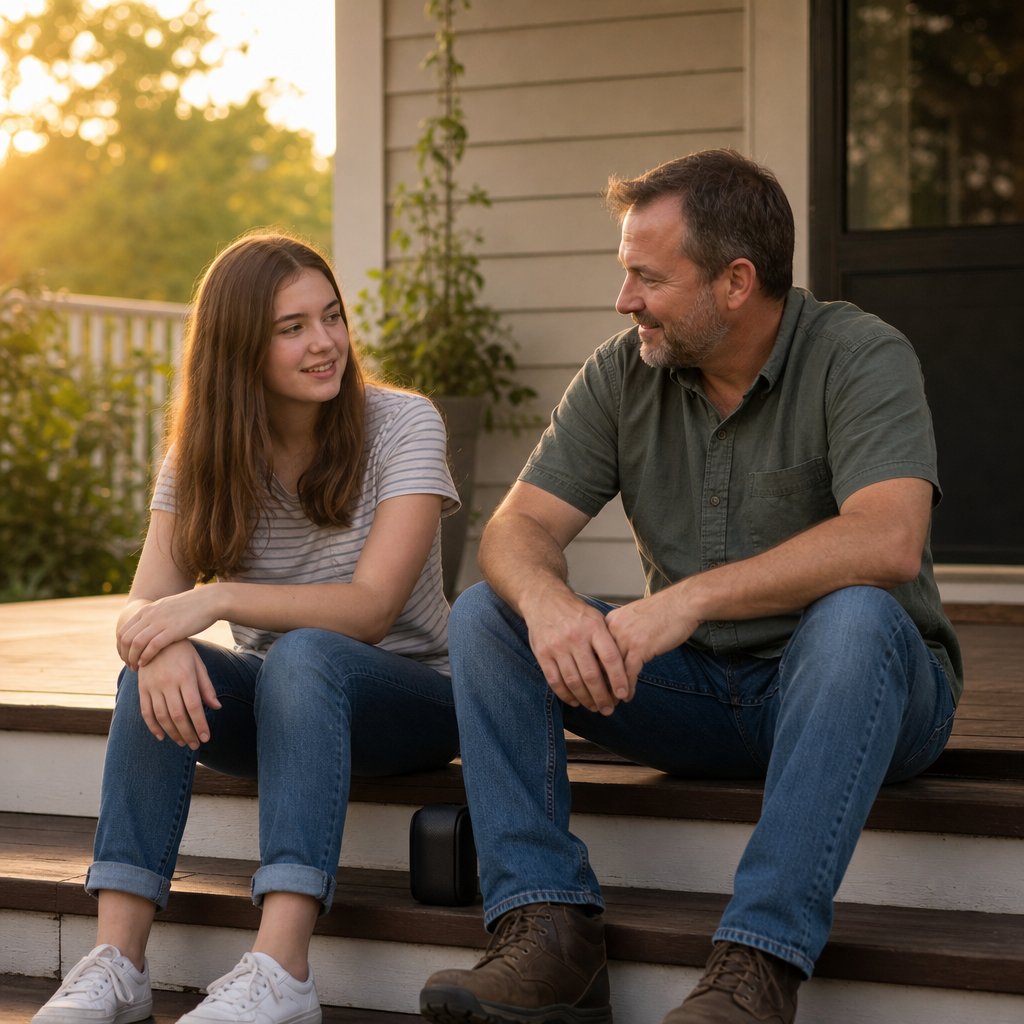 Dad and teenage daughter listening to music together on the porch at sunset