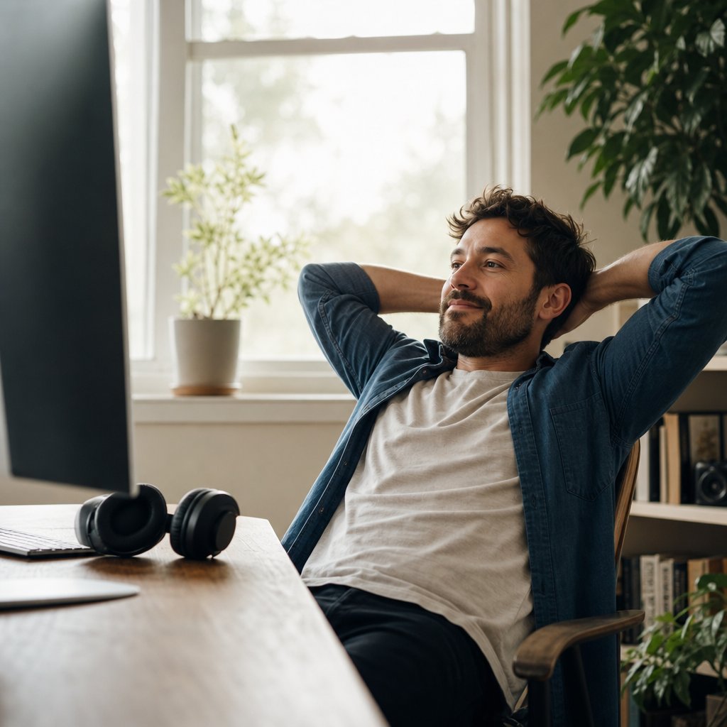 Man at his home-office desk taking a break from work with headphones nearby
