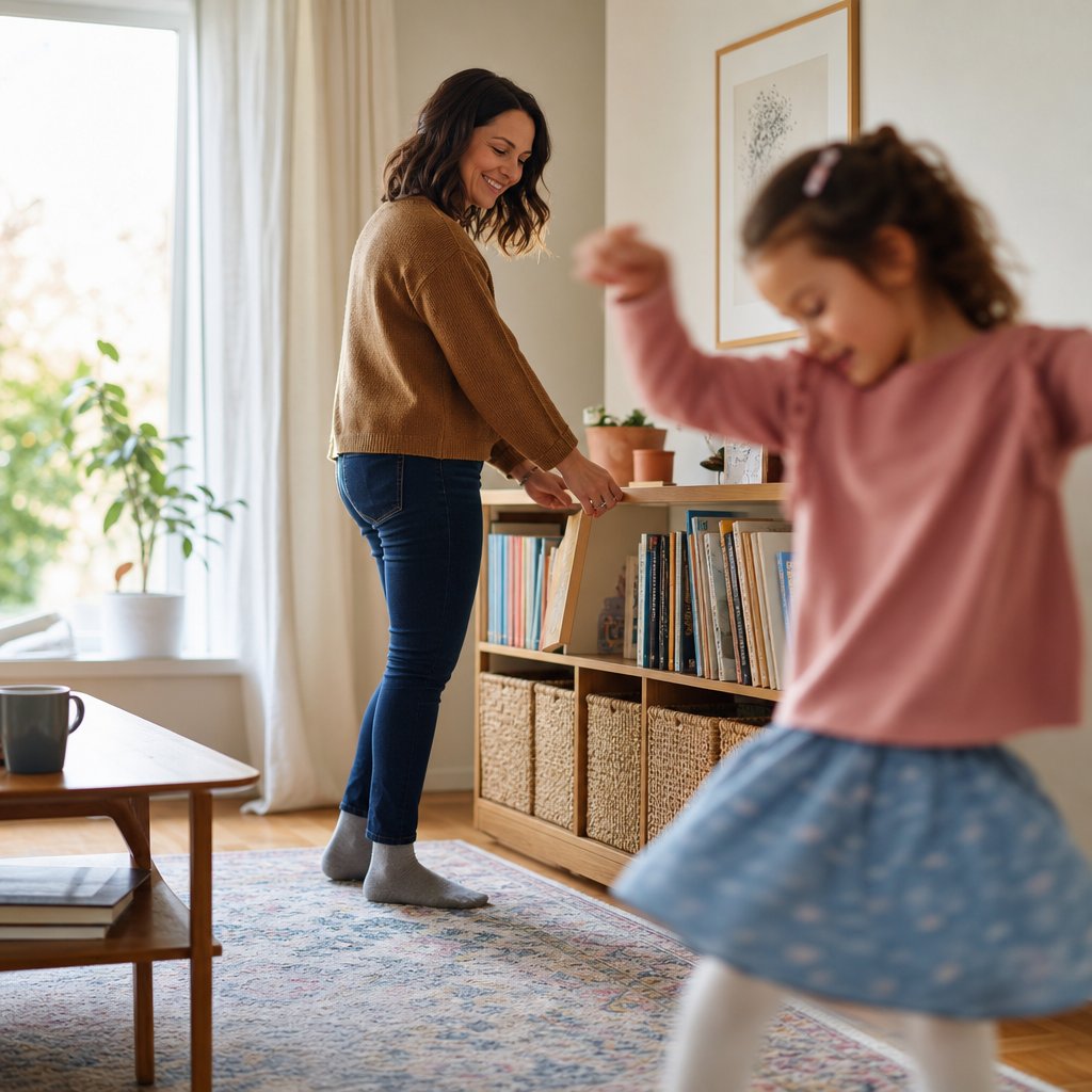 Young girl dancing in the living room while mom tidies in the background