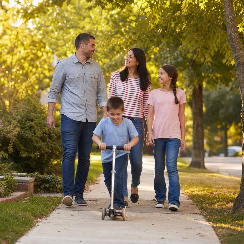 Family walking together on a tree-lined neighborhood street at sunset