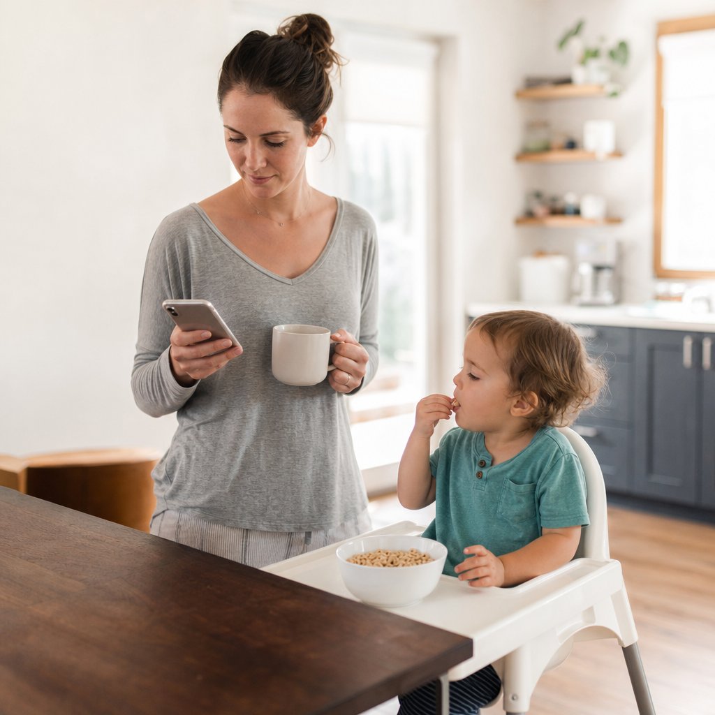 Mom checking her phone while her toddler eats breakfast in a high chair