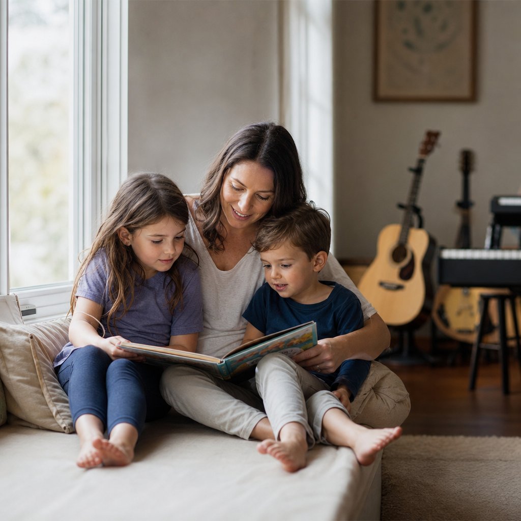 Mom reading a picture book with two young kids by a sunny window