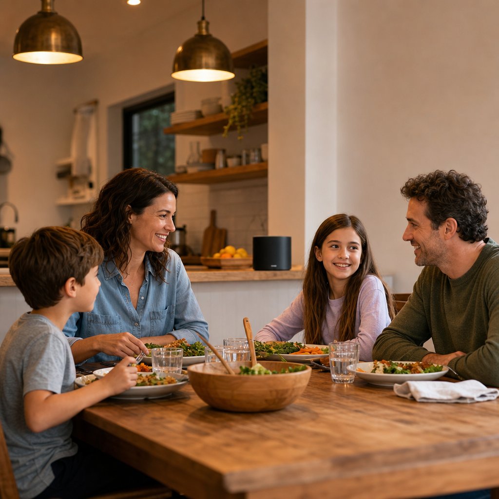 Family eating dinner with music playing softly from a kitchen speaker