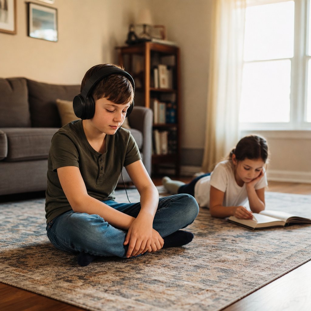 Boy listening to music in headphones on the living room floor