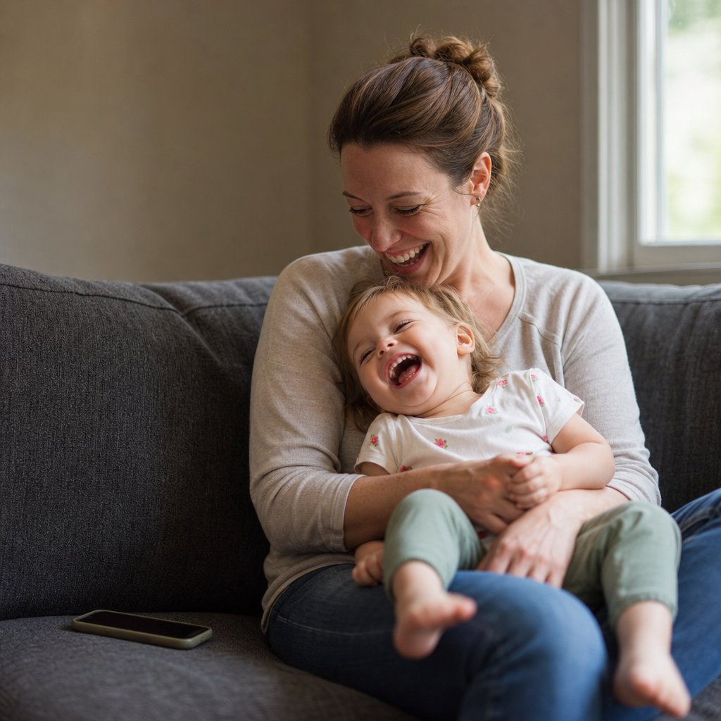 Mom laughing on the couch with her toddler while music plays