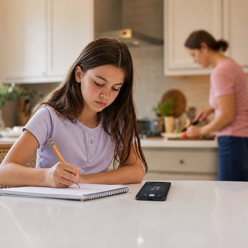 Tween girl doing homework at the kitchen island while playing music with mom in the background