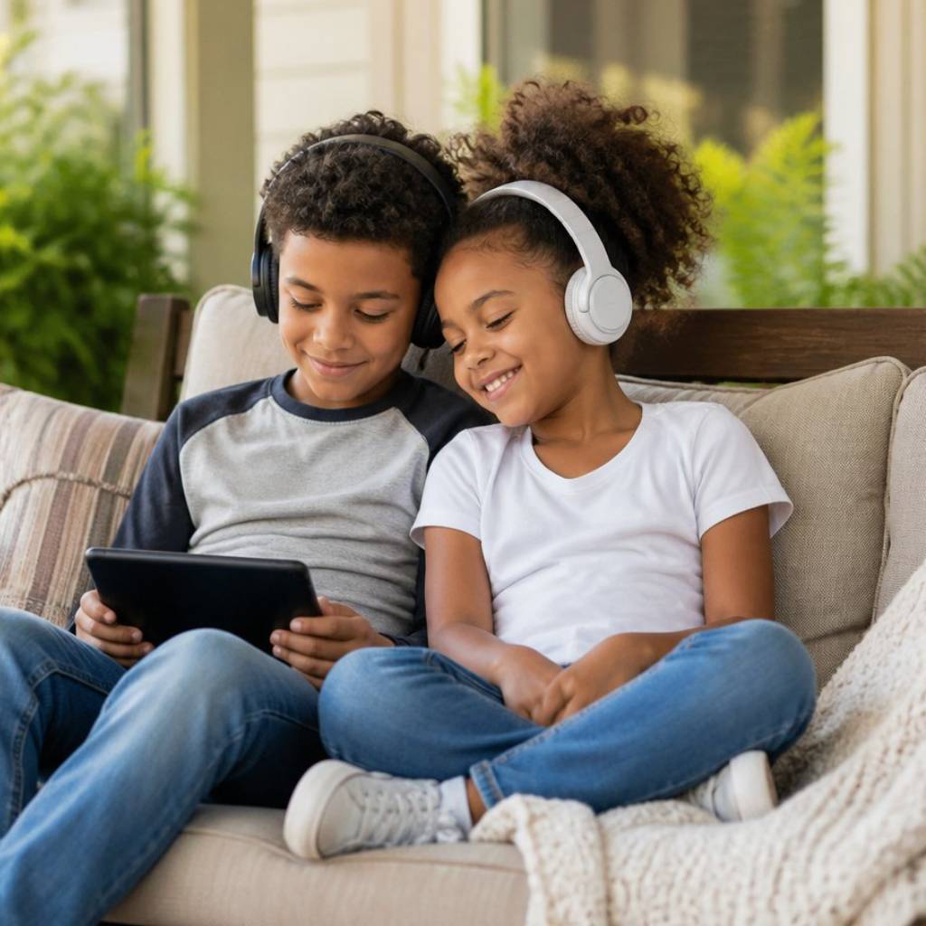 Two siblings listening to music on headphones while sitting on an outdoor porch bench