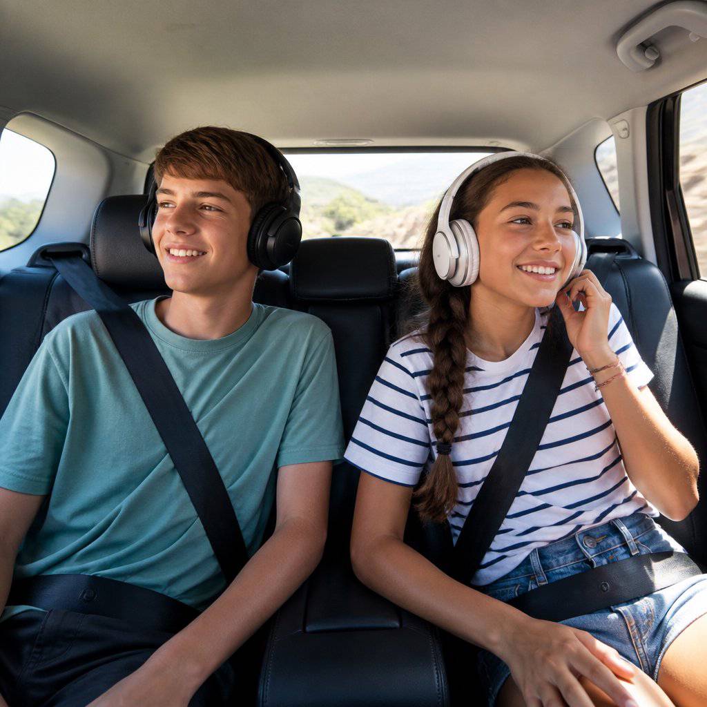 Two siblings listening to music in the back seat on a family road trip