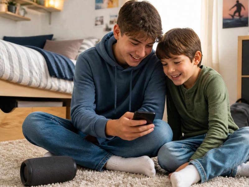 Psalmix blog featured image: two siblings looking at a phone while listening to music on a speaker
