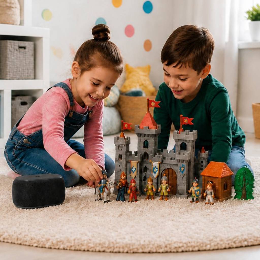 Two children playing with a toy castle and mini figurines while a speaker plays music