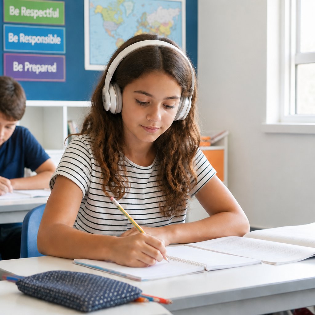 A preteen listening to music on headphones while doing schoolwork in a classroom