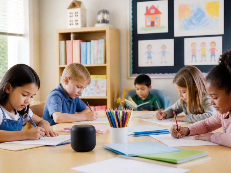 Kids in a classroom doing schoolwork while music plays from a speaker