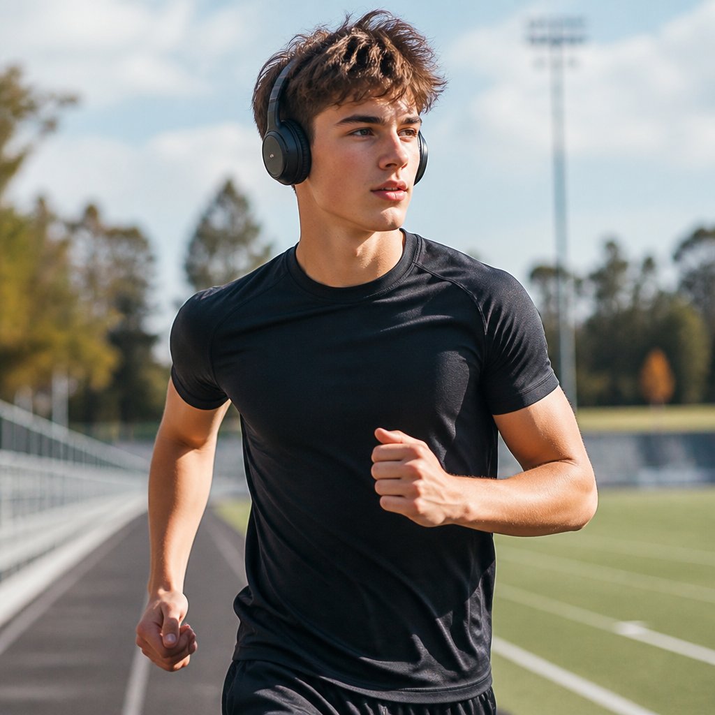 A teenager running on a track while listening to music on headphones
