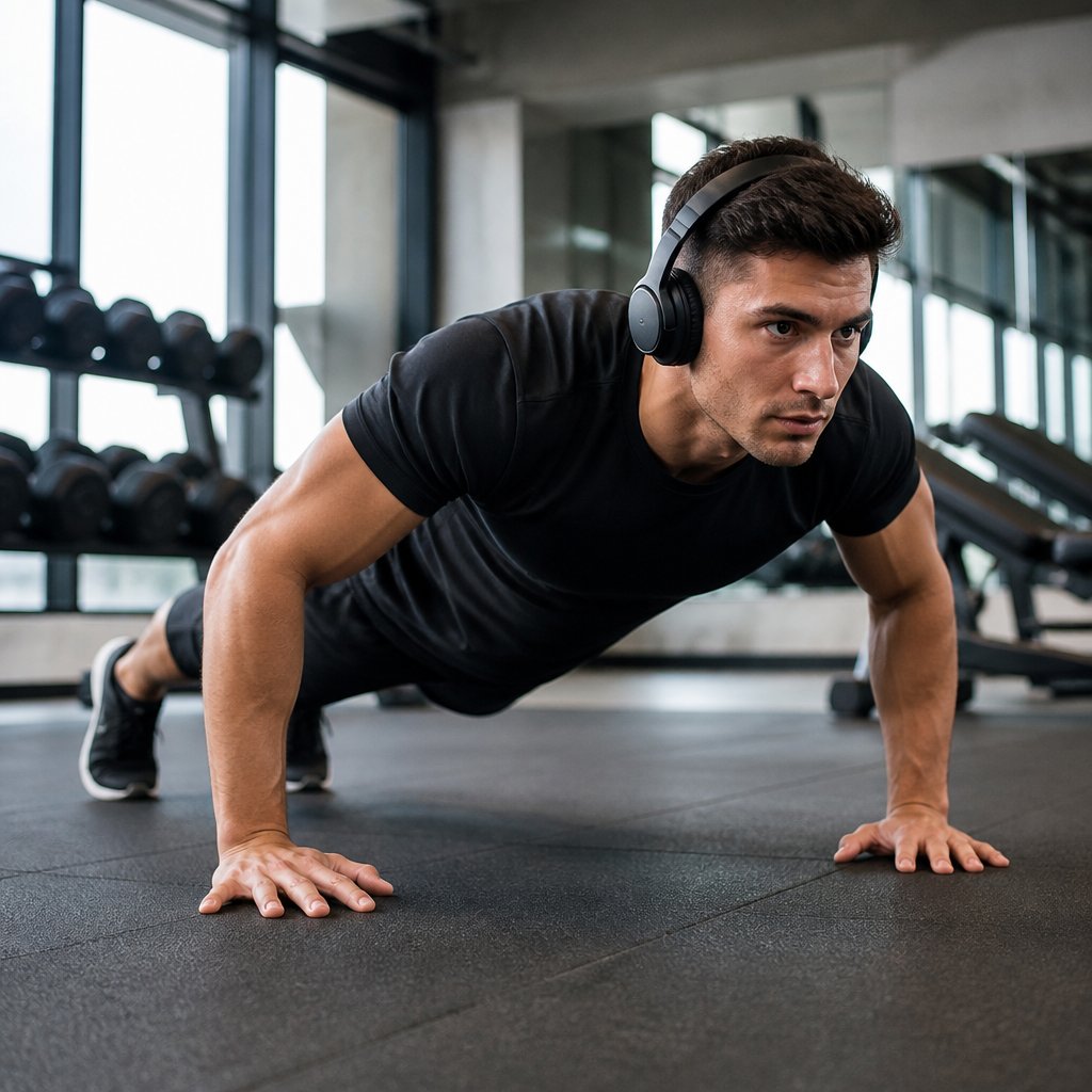 A man doing a push-up in a gym while listening to music through headphones