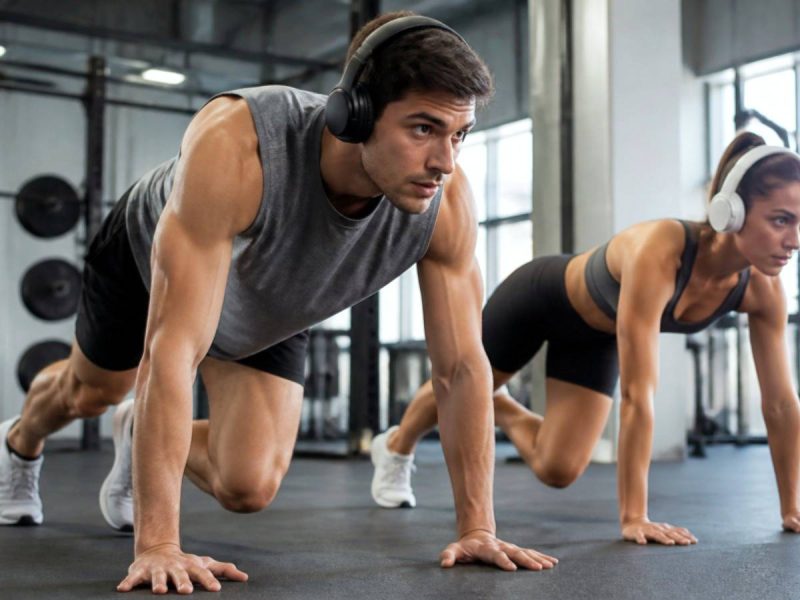 Two fitness buffs working out in a gym while listening to music on their headphones