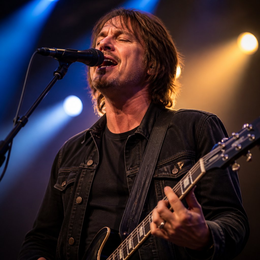 A rock singer singing passionately during a concert while playing the electric guitar