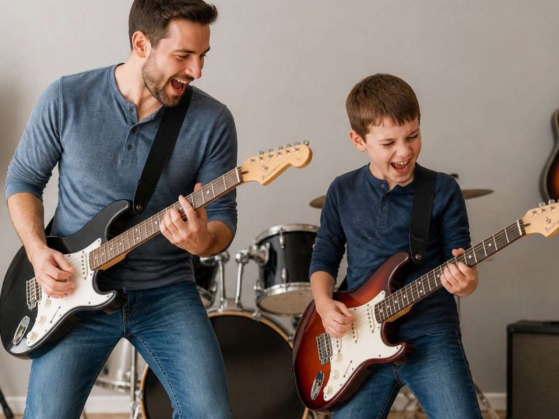 A dad and his child playing electric guitars in a home music room