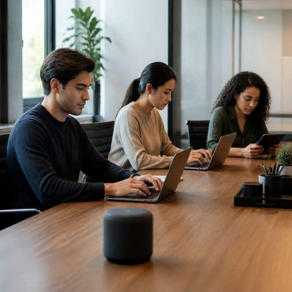 Three people working at an office with music playing from a speaker
