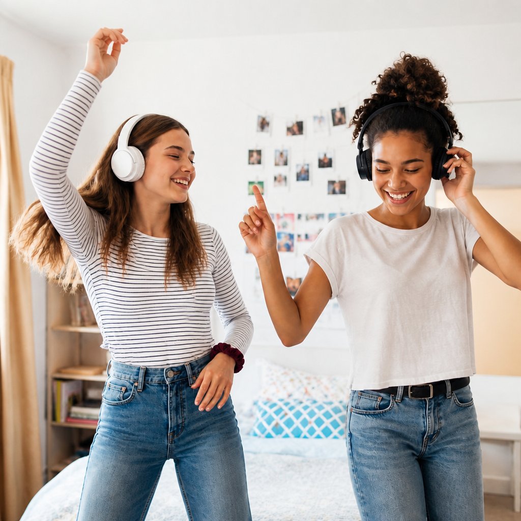 Two teen girls enjoying upbeat music in a bedroom