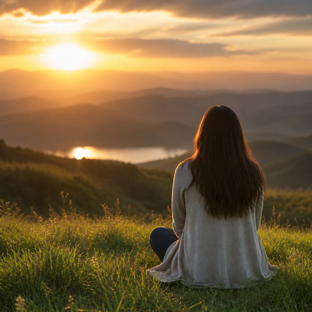 A woman praying in a field, admiring God's creation
