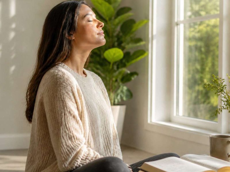 A woman praying in quiet meditation by the window, with her Bible beside her