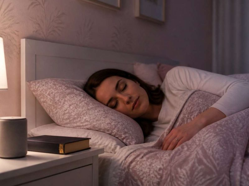 A woman sleeping peacefully in her bedroom, with a Bible, a speaker, and a nightlight on her nightstand