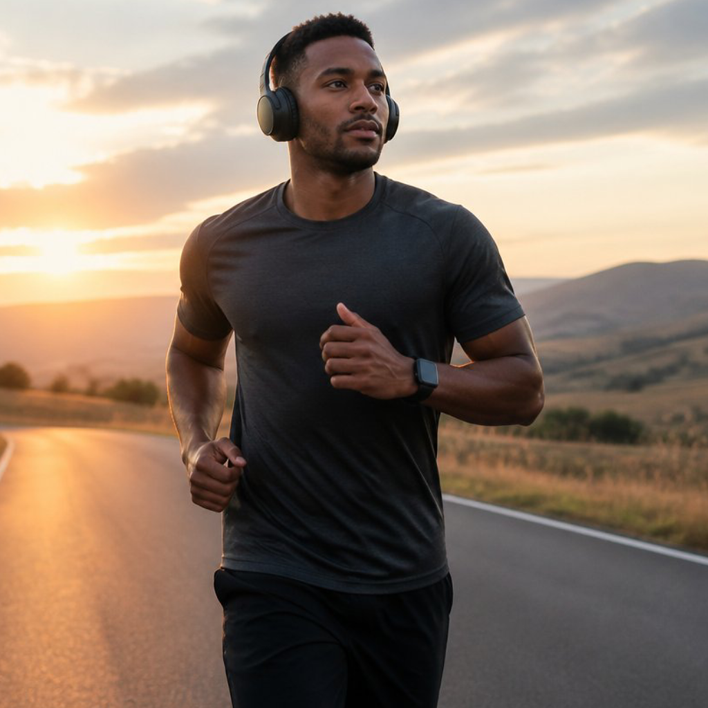A man running at sunset while listening to music