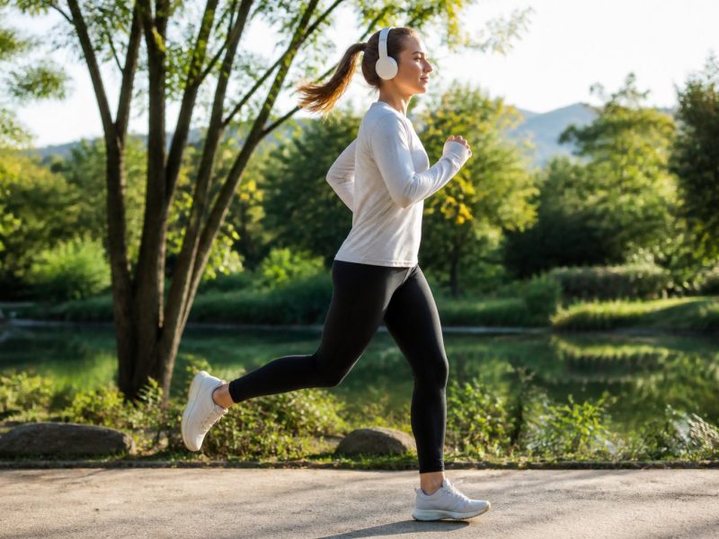 A woman running through a park with headphones on, looking focused