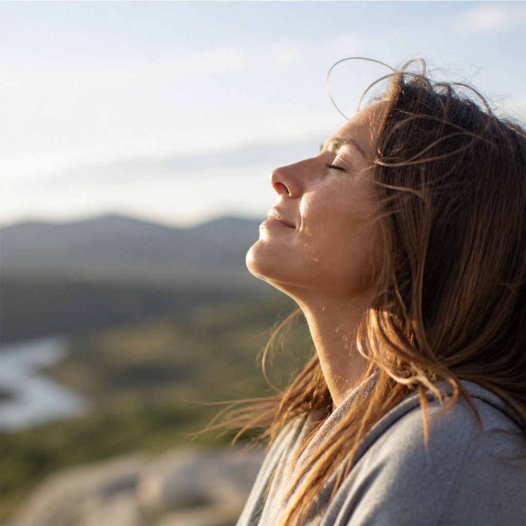 A woman with her head turned toward the heavens, out in nature, finding her peace in God