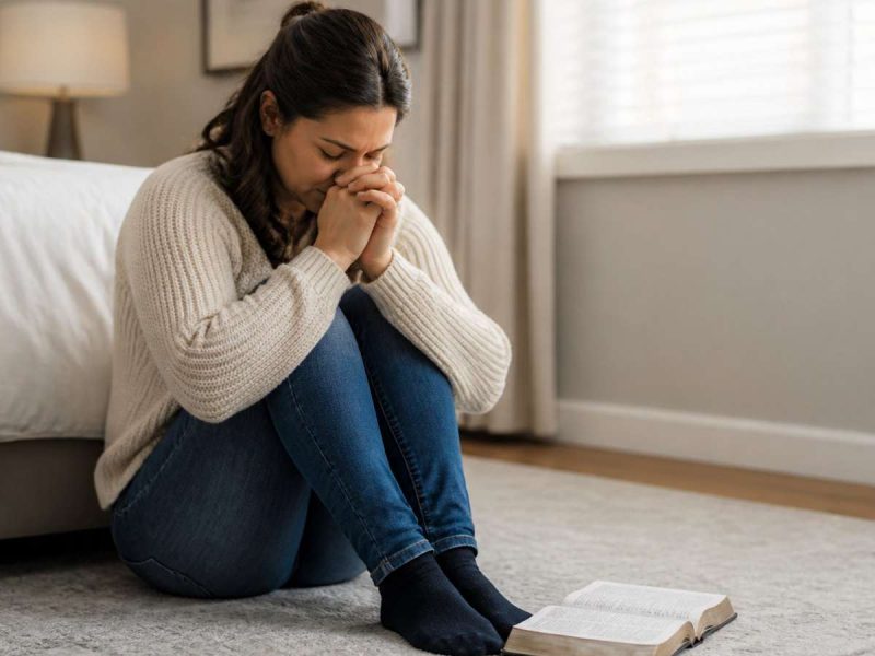 A distressed woman praying in her bedroom, with her Bible close to her