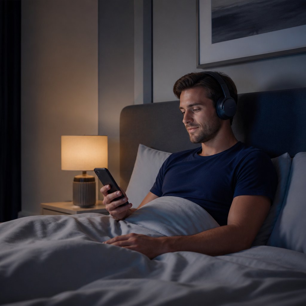 A man in his bedroom, listening to music before sleeping