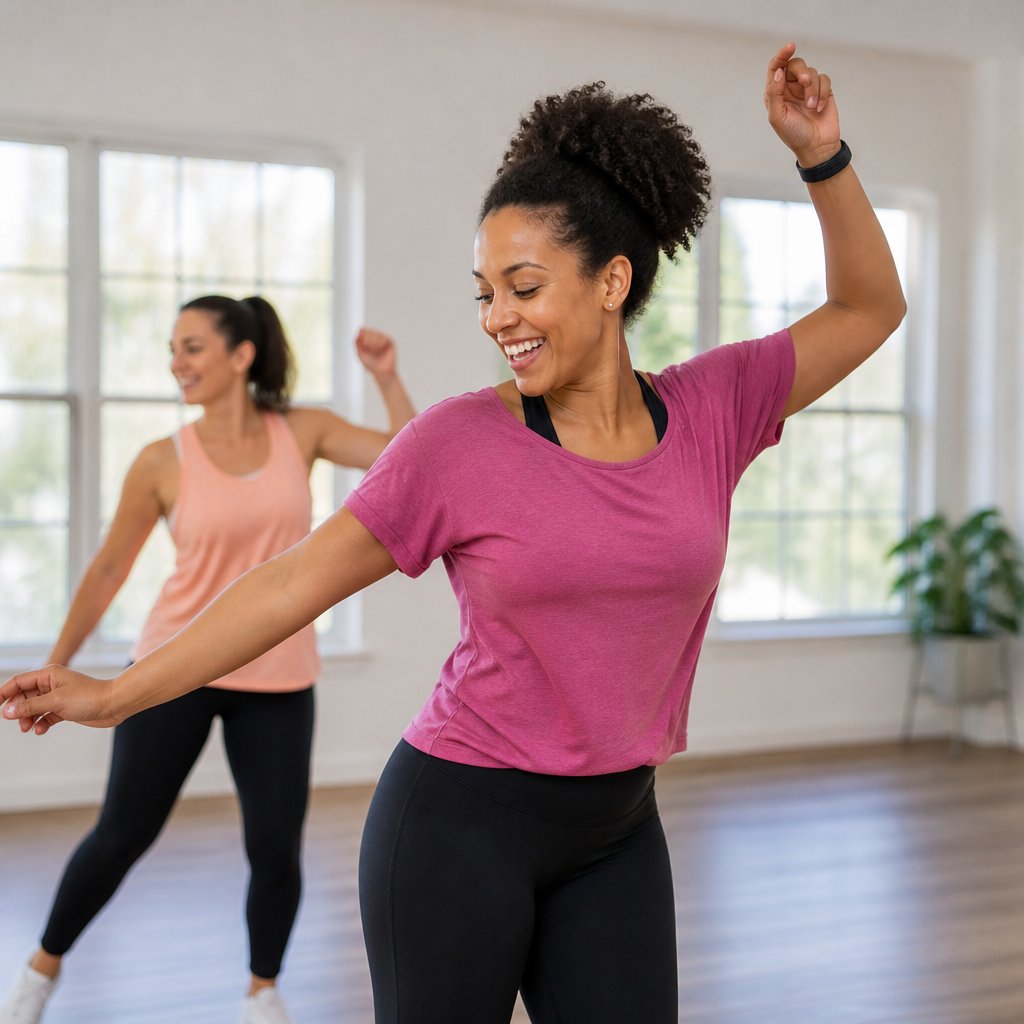 A woman happily doing a Zumba dance, with a fellow dancer behind her
