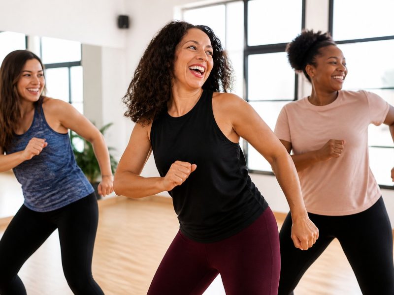 Three women doing a Zumba dance in a dance studio
