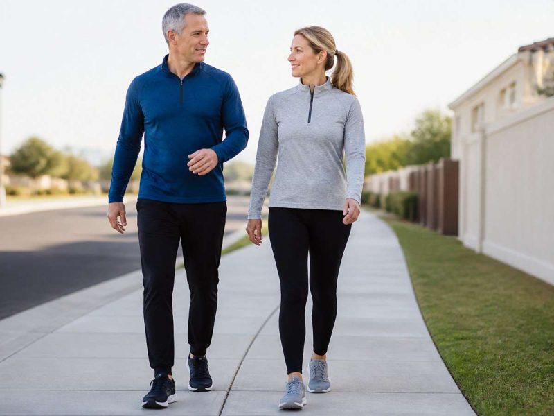A couple walking for exercise down a quiet neighborhood