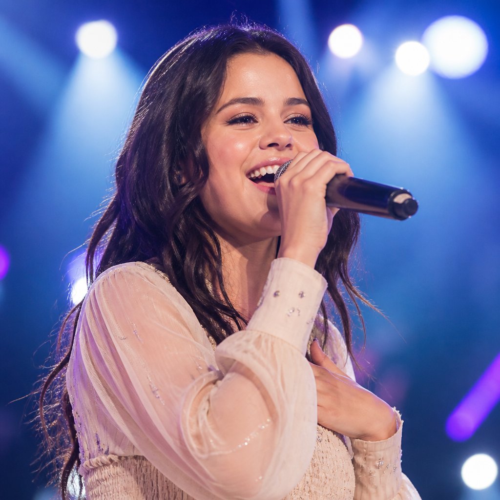 A pop singer at a concert, singing happily