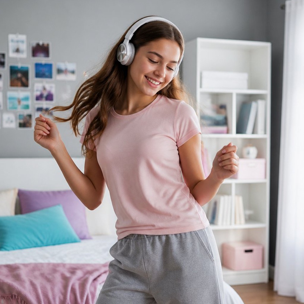 A teenager happily listening to music in her bedroom