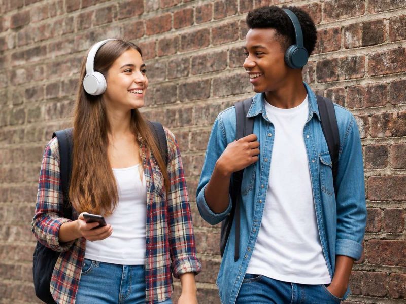 Two teens walking to school while listening to music