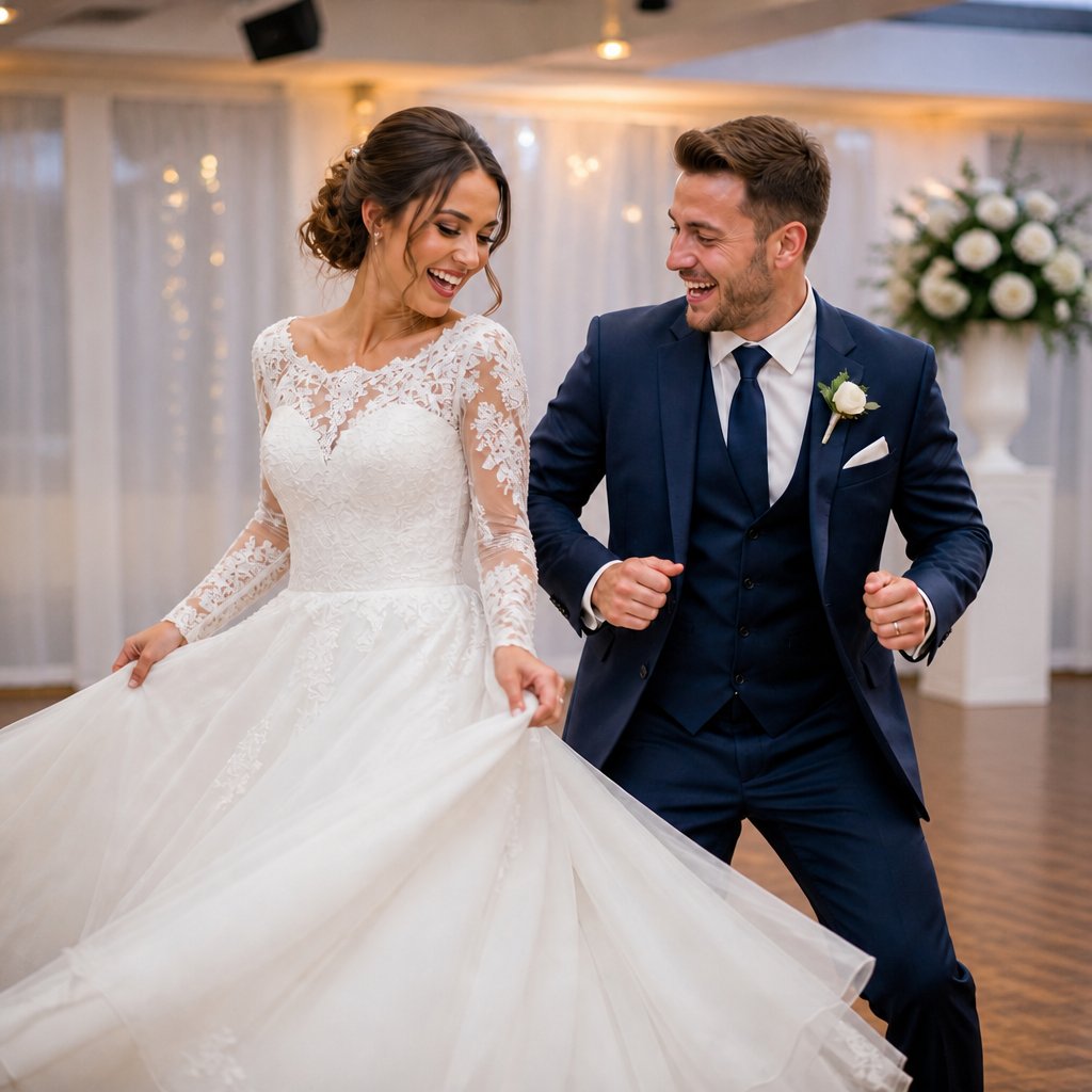 A bride and a groom dancing happily together