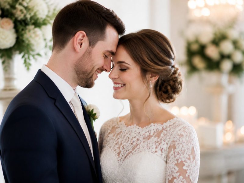 A bride and a groom sharing a beautiful, romantic moment together